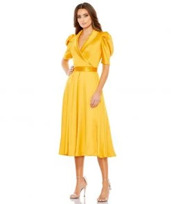 Ieena For Mac Duggal Satin Lapel Puff Sleeve Tea Length Dress Shop For