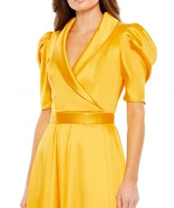 Ieena For Mac Duggal Satin Lapel Puff Sleeve Tea Length Dress Shop For