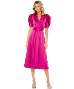 Ieena For Mac Duggal Satin Lapel Puff Sleeve Tea Length Dress Shop For