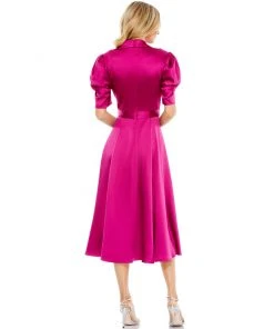 Ieena For Mac Duggal Satin Lapel Puff Sleeve Tea Length Dress Shop For