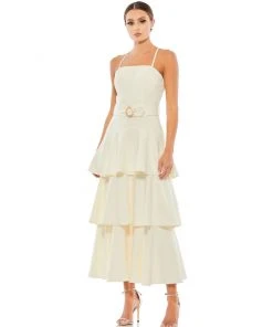 Ieena For Mac Duggal Shop For Tiered Ruffle Belted Sleeveless Midi Dress