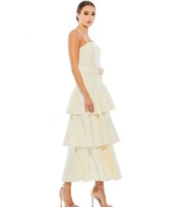 Ieena For Mac Duggal Shop For Tiered Ruffle Belted Sleeveless Midi Dress