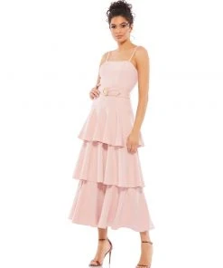 Ieena For Mac Duggal Shop For Tiered Ruffle Belted Sleeveless Midi Dress