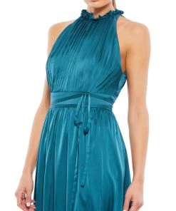 Ieena For Mac Duggal Satin Pleated Halter Neck Midi Dress