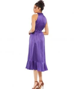 Ieena For Mac Duggal Satin Pleated Halter Neck Midi Dress