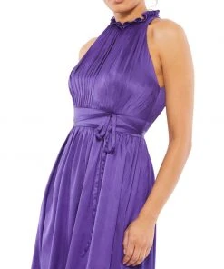 Ieena For Mac Duggal Satin Pleated Halter Neck Midi Dress