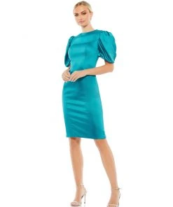 Ieena For Mac Duggal Short Dresses Satin Puff Sleeve Fitted Cocktail Dress