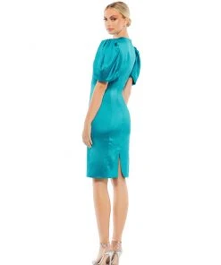 Ieena For Mac Duggal Short Dresses Satin Puff Sleeve Fitted Cocktail Dress