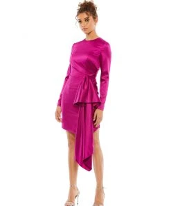 Ieena For Mac Duggal Asymmetrical Draped Long Sleeve Mini Dress