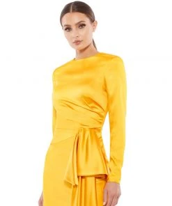 Ieena For Mac Duggal Asymmetrical Draped Long Sleeve Mini Dress