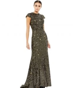 Ieena For Mac Duggal Sequined Cap Sleeve High Neck Gown