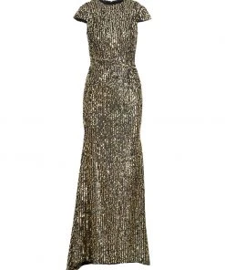 Ieena For Mac Duggal Sequined Cap Sleeve High Neck Gown