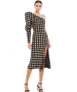 Ieena For Mac Duggal Long Puff Sleeve Polka Dot Tea Length Dress