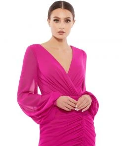 Ieena For Mac Duggal Long Blouson Sleeve Ruched Mini Dress