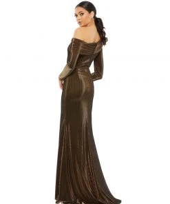 Ieena For Mac Duggal Shop For Textured Metallic Off-the-Shoulder Trumpet Gown