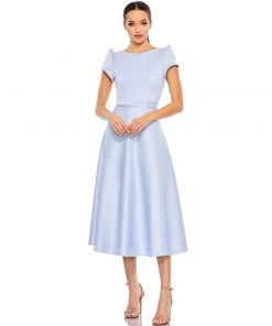 Ieena For Mac Duggal Satin Puff Shoulder Tea Length Dress