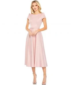 Ieena For Mac Duggal Satin Puff Shoulder Tea Length Dress