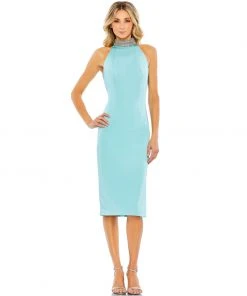 Ieena For Mac Duggal Open Back Jeweled Halter Midi Dress