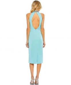 Ieena For Mac Duggal Open Back Jeweled Halter Midi Dress