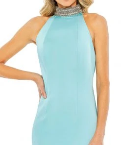 Ieena For Mac Duggal Open Back Jeweled Halter Midi Dress