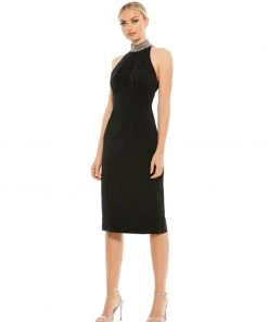 Ieena For Mac Duggal Open Back Jeweled Halter Midi Dress