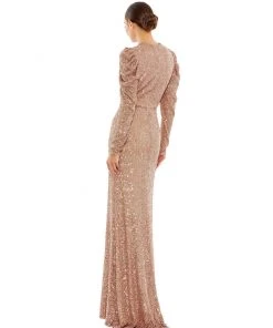 Ieena For Mac Duggal Shop For Sequined High Neck Puff Long Sleeve Column Gown
