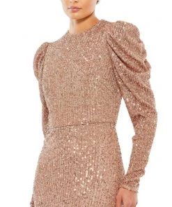 Ieena For Mac Duggal Shop For Sequined High Neck Puff Long Sleeve Column Gown