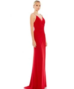 Ieena For Mac Duggal Faux Wrap V Neck Open Back Gown