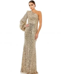 Ieena For Mac Duggal Sequined One Shoulder Bishop Sleeve Trumpet Gown