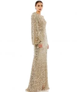 Ieena For Mac Duggal Sequined One Shoulder Bishop Sleeve Trumpet Gown
