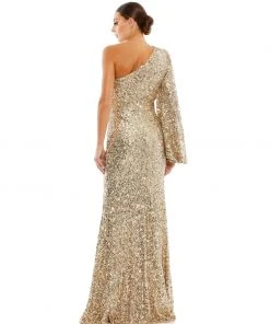 Ieena For Mac Duggal Sequined One Shoulder Bishop Sleeve Trumpet Gown
