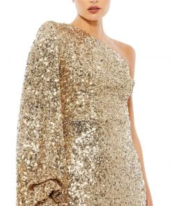 Ieena For Mac Duggal Sequined One Shoulder Bishop Sleeve Trumpet Gown