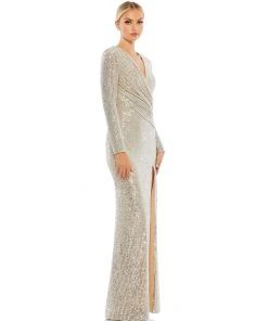 Ieena For Mac Duggal Shop For Sequined Long Sleeve Faux Wrap Ruched Gown