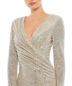 Ieena For Mac Duggal Shop For Sequined Long Sleeve Faux Wrap Ruched Gown