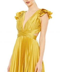 Ieena For Mac Duggal Shop For Pleated Ruffled Cap Sleeve Cut Out Lace Up Gown