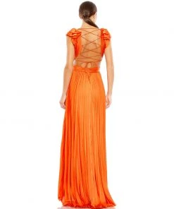 Ieena For Mac Duggal Shop For Pleated Ruffled Cap Sleeve Cut Out Lace Up Gown