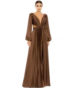 Ieena For Mac Duggal Pleated Long Sleeve Cut Out Gown