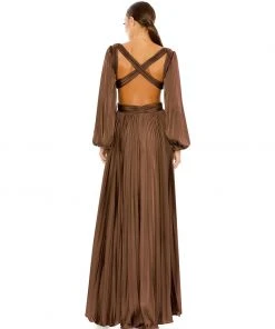 Ieena For Mac Duggal Pleated Long Sleeve Cut Out Gown