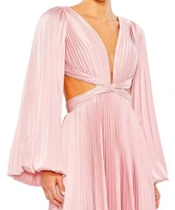 Ieena For Mac Duggal Pleated Long Sleeve Cut Out Gown