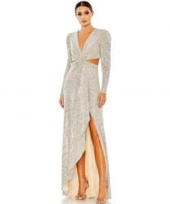 Ieena For Mac Duggal Sequined Criss Cross Long Sleeve Gown