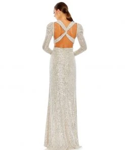 Ieena For Mac Duggal Sequined Criss Cross Long Sleeve Gown