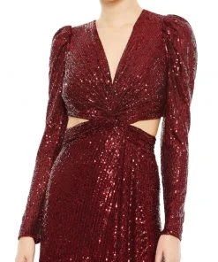 Ieena For Mac Duggal Sequined Criss Cross Long Sleeve Gown