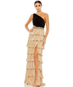 Ieena For Mac Duggal Metallic One Shoulder Ruffle Tiered Gown Shop For