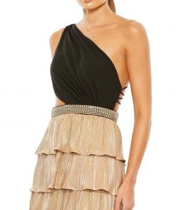 Ieena For Mac Duggal Metallic One Shoulder Ruffle Tiered Gown Shop For