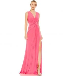 Mac Duggal Shop For Draped Side Knot Jersey Gown W/ Rhinestone Ring