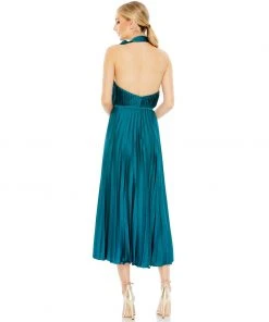 Mac Duggal Pleated High Neck Kitten Bow Midi Dress