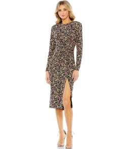 Ieena For Mac Duggal Floral Long Sleeve Midi Dress
