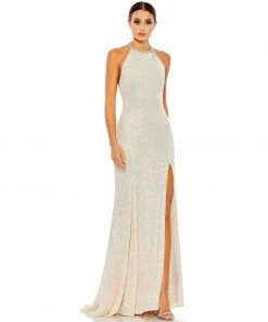 Ieena For Mac Duggal Shop For Sequined High Neck Rhinestone Trim Column Gown