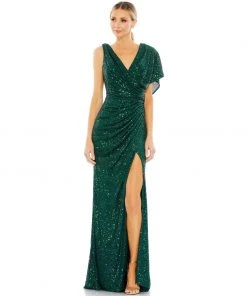 Ieena For Mac Duggal Bridesmaid Dresses Sequined Asymmetrical Draped Trumpet Gown
