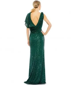 Ieena For Mac Duggal Bridesmaid Dresses Sequined Asymmetrical Draped Trumpet Gown